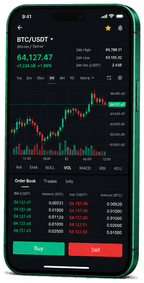 QUANTEX mobile trading app showing live BTC/USDT graph, order depth, and trade options